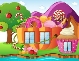 Fantacy world with candy house and river vector