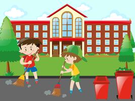 Kids sweeping the road vector