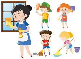Maid and kids doing chores vector