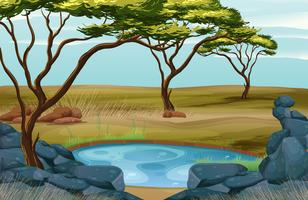 Scene with small pond in the field vector