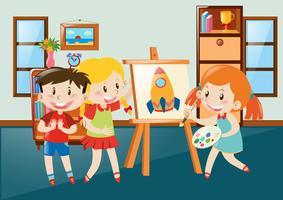 Children drawing on canvas in classroom vector