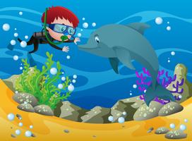 Boy diving with dolphin underwater vector