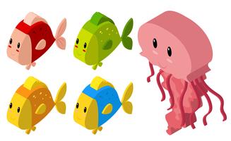 Diseño 3D para medusas y muchos peces. vector