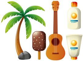 Set de verano con cocotero y guitarra. vector