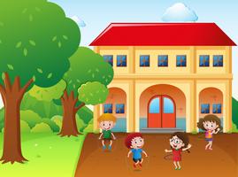 Four kids hulahoop and jump rope at school vector