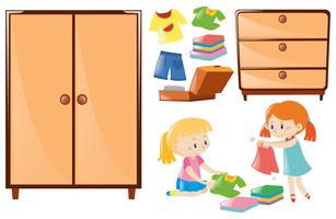 Conjunto de niñas doblando ropa y armarios. vector