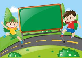 Board design with two boys on the road vector