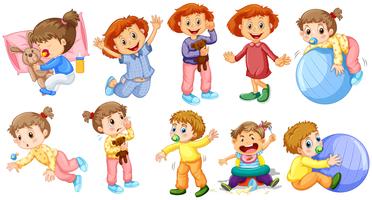 Baby girls and boys doing different activities vector