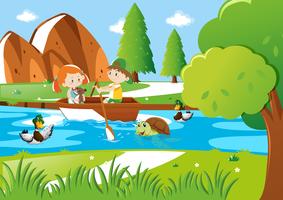 Boy and girl rowing bow in river vector