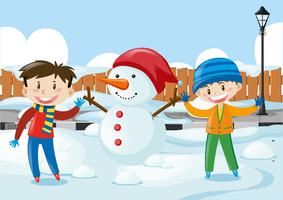 Boys and snowman on the road vector