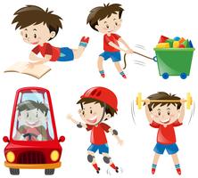 Boy in red shirts doing different actions vector