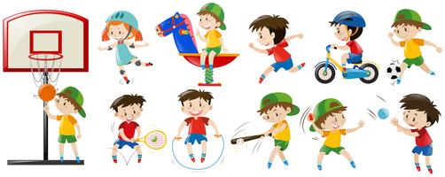 Niños jugando diferentes deportes y juegos. vector