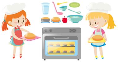 Two girls baking and different kinds of food vector