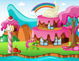 Scene with cakehouse and rainbow vector