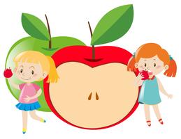 Two girls eating apple vector