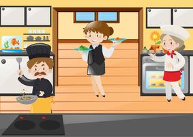 Chef and waitress working in restaurant vector