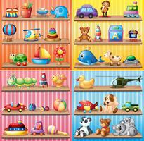 Different types of toys on the shelves vector