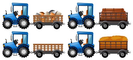 Tractor cargado con cuatro productos agrícolas. vector