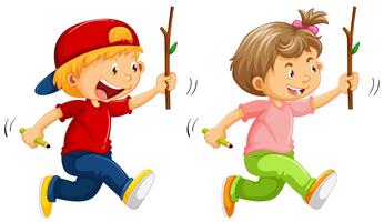 Boy and girl with wooden stick vector