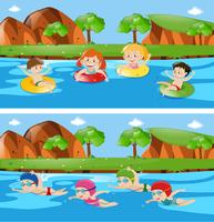 Dos escenas con niños en el río. vector