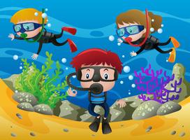 Three kids diving under the ocean vector