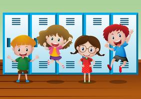 Four kids standing by the lockers vector