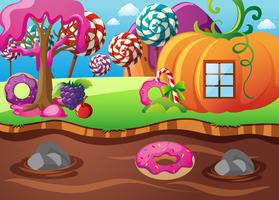 Scene with pumpkin house and chocolate river vector