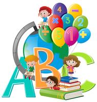 Kids and different school items vector