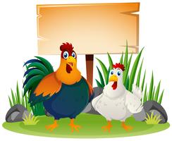 Wooden sign and two chickens vector