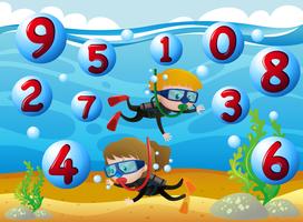 Kids scuba diving with numbers in the sea vector
