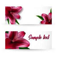 Un conjunto de postales o tarjetas de invitación con flores de lirio realistas. vector