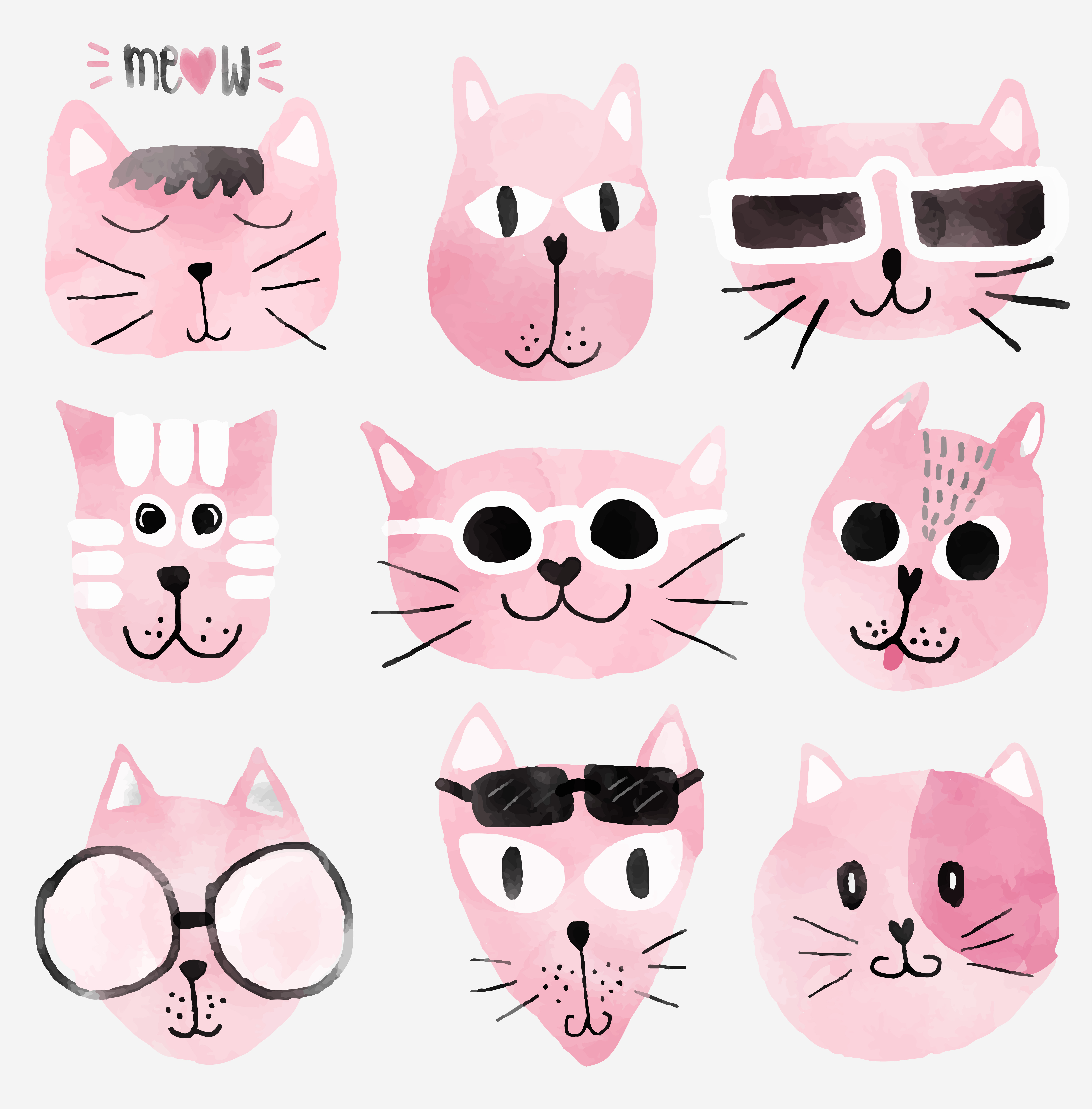 Pink Watercolour Funny Cat Faces Set Download Free Vectors Clipart Graphics Vector Art