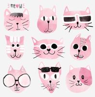 pink watercolour funny cat faces set vector