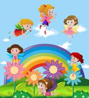 Fairies flying over the rainbow vector