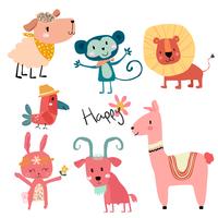 cute hand draw wild animal cartoon character set vector