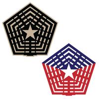 Pentagon vector illustration in black and tan, and red white and blue versions
