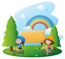 Plantilla de signo con dos niños en bicicleta vector