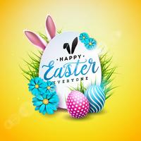 Ilustración vectorial de felices fiestas de Pascua con huevo pintado, orejas de conejo y flor de primavera vector