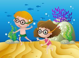 Two kids diving under the sea vector