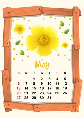 Calendar template with yellow flower for May