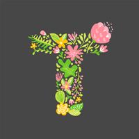 Floral summer Letter T. Flower Capital wedding Uppercase Alphabet. Colorful font with flowers and leaves. Vector illustration Grotesque scandinavian style