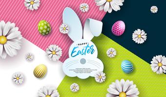 Ilustración vectorial de felices fiestas de Pascua con huevo pintado, orejas de conejo y flor de primavera vector