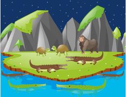 Scene with crocodiles and other animals on island vector