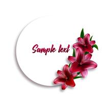 Round card or label with realistic lily flowers vector