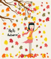 Vector a una niña de pie debajo de las hojas secas que caen del árbol en la temporada de otoño, sopla el viento con la palabra Hola otoño