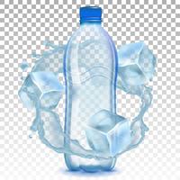 Realistic plastic bottle with a splash of water and ice cubes. Vector illustration