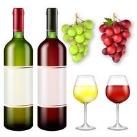Realistas racimos de uvas y botellas de vino. vector