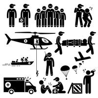 Equipo de rescate de emergencia Figura Stick pictograma iconos. vector