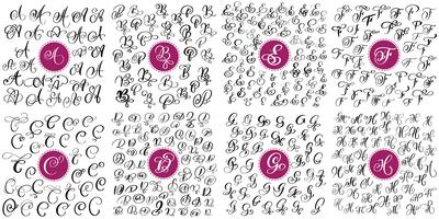 Set of Hand drawn vector calligraphy letters A, B, C, D, E, F, G, H