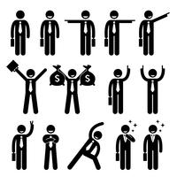 Businessman Business Man Happy Action Poses Stick Figure Pictogram Icon. vector